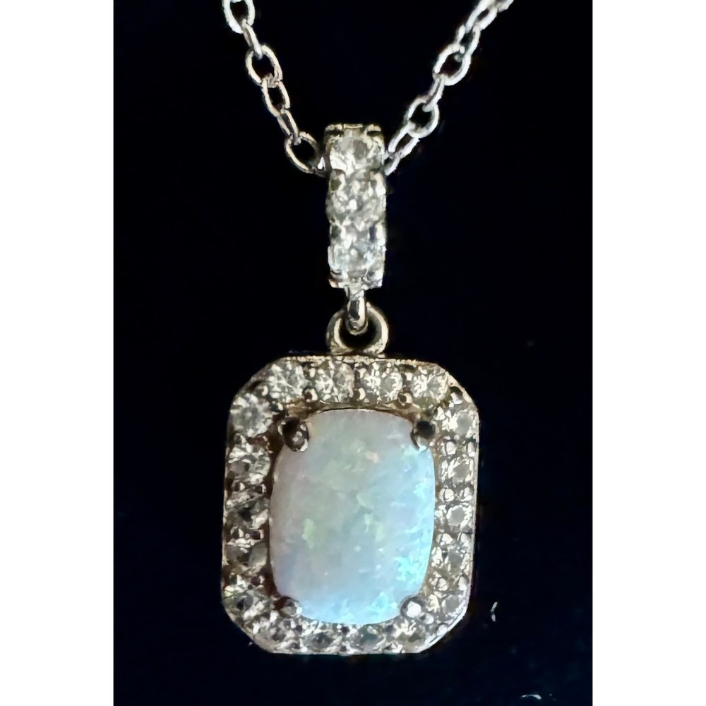 SUN 925 Italy Sterling Silver Opal Halo CZ Pendant Necklace 18" Stamp